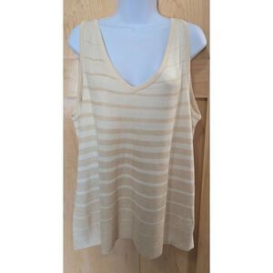 DKNY Beige & Cream Striped 100% Silk V-Neck Sleeveless Tank Top Size L
